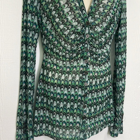 Free People - Green Fish Scale Button Down Ling Sleeve Sheer Blouse Size Small - Picture 4 of 11